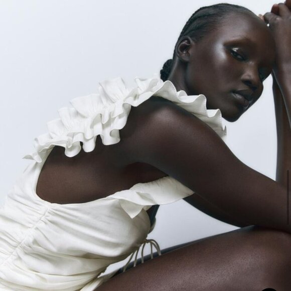 NWT Zara White Ruffle Sleeve Linen Blend Mini Ruched Dress Lace Up tie detail XS - Picture 3 of 15